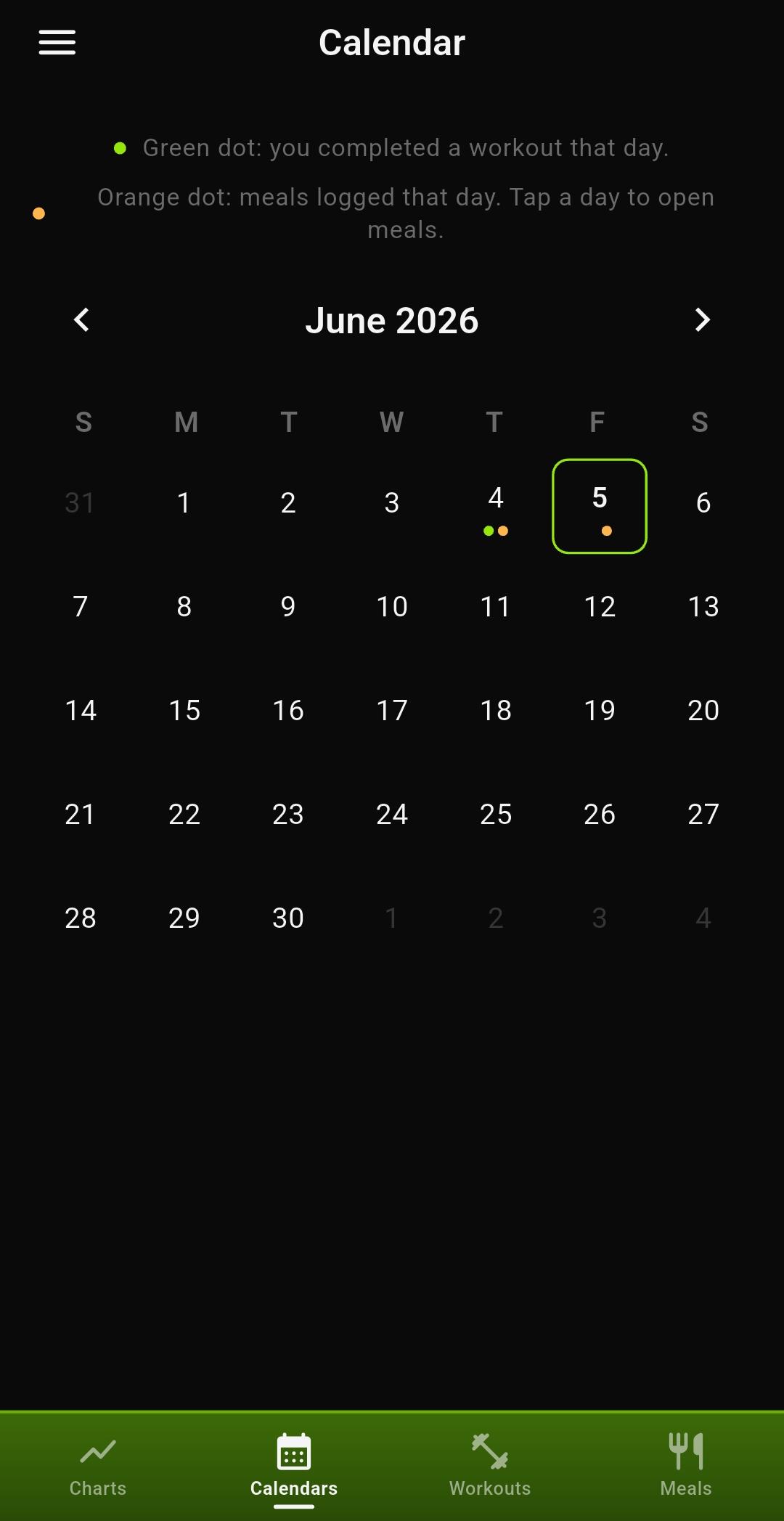 GymReps training calendar screenshot